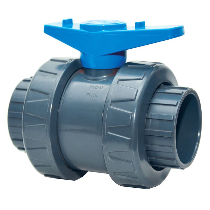 Vanne double union poignée bleue